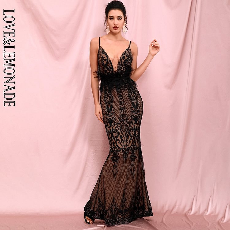 Sexy Deep V-Neck Open Back Flower Vine Embroidery Material Party Maxi Dress (With Feather Belt) LM82336 - BlackFridayBuys
