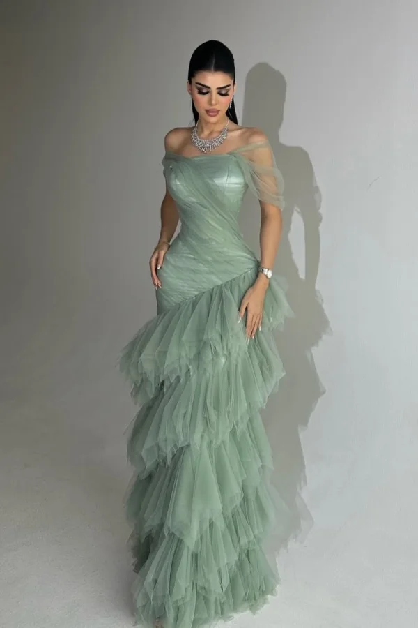 Dusty Sage Off-The-Shoulder Layered Elegant Strapless Prom Dress ZT0801