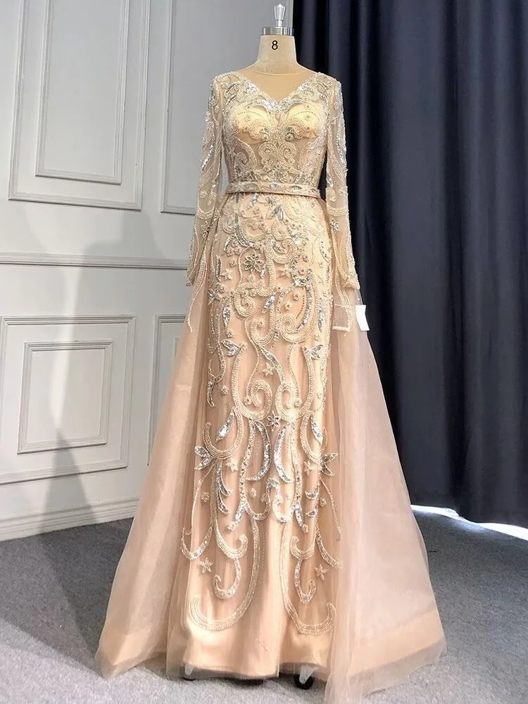 Lisliy Elegant V-Neck Long Sleeve Prom Dress Sequins Applique A Line Dress 