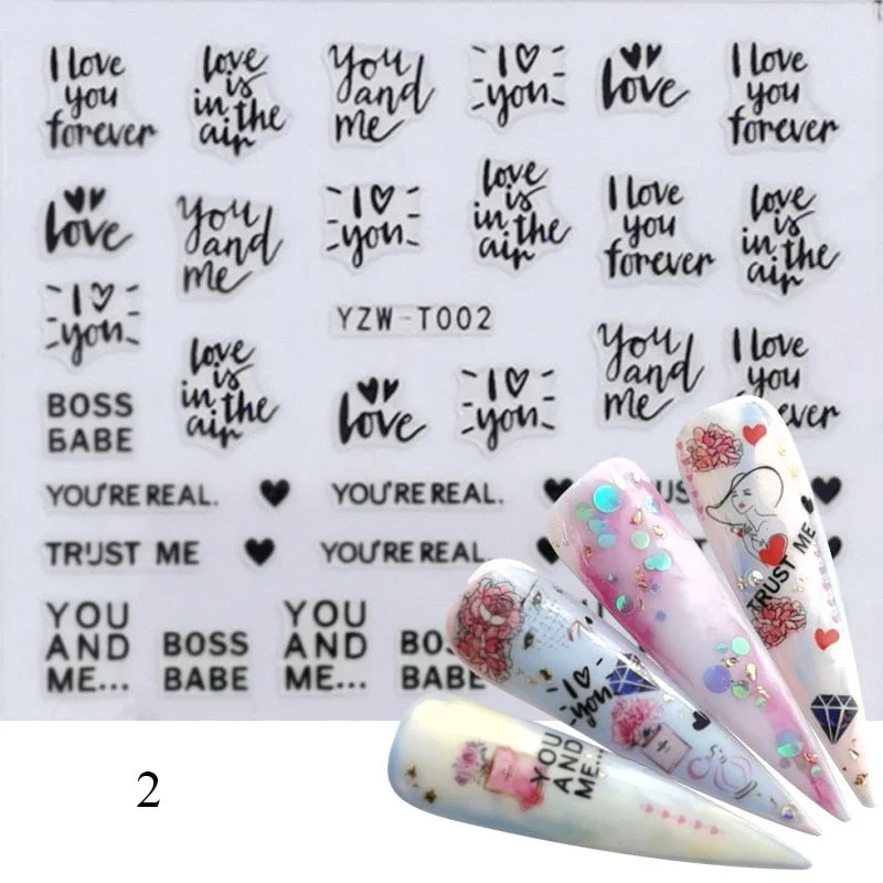 1 Sheet 3D Stickers For Nails Black Letter Leaf Flower Patterns Slider Nail Art Manicure Adhesive Tips Decals DIY Decorations-Nail Inspo
