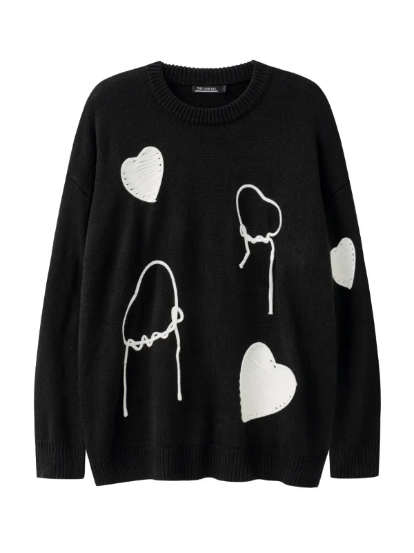 3D Heart Embroidery Crew Neck Pullover Sweater