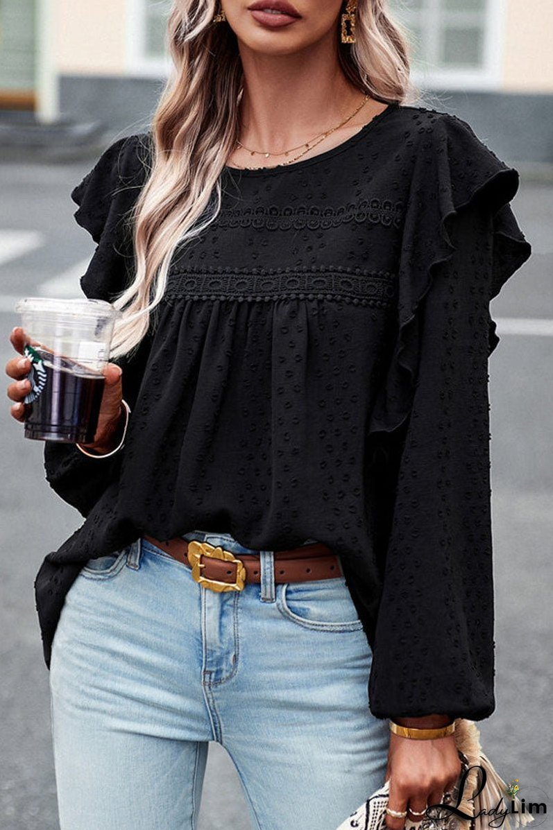 Long Sleeve Ruffle Round Neck Casual Tops