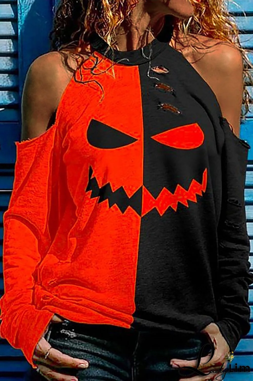 Two Tone Halloween Print Cold Shoulder T-Shirt