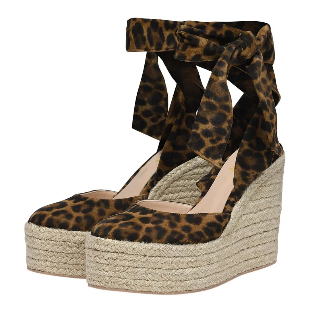 Leopard Print Round Toe Ankle Strap Platform Espadrille Sandals