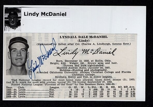 1959 LINDY MCDANIEL-ST LOUIS CARDINALS 3.5 X 5.5 AUTOGRAPHED Photo Poster painting-EX.-d.2020