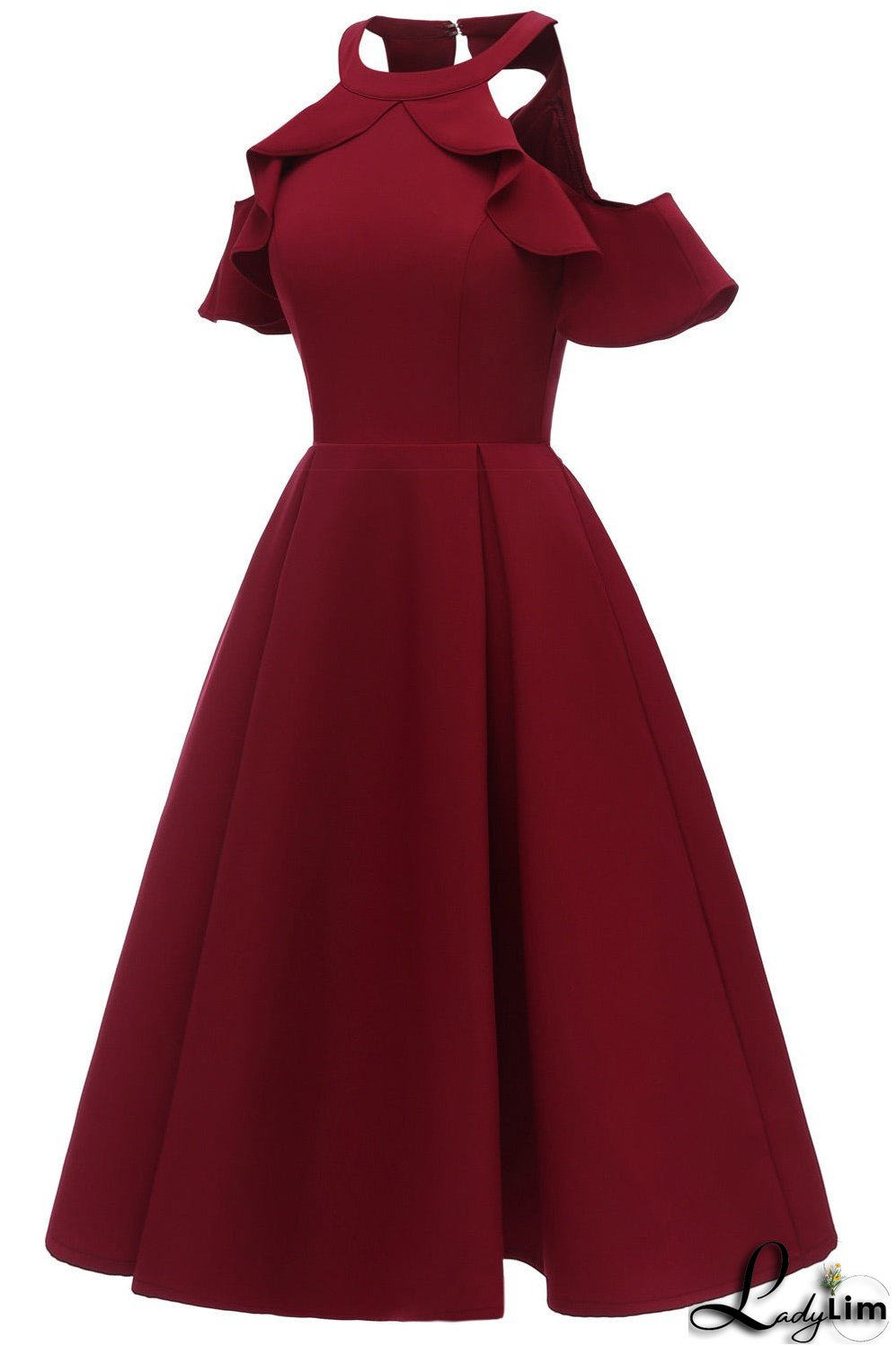Burgundy Fit And Flare Ruffled Off-the-shoulder Homecoming Dress