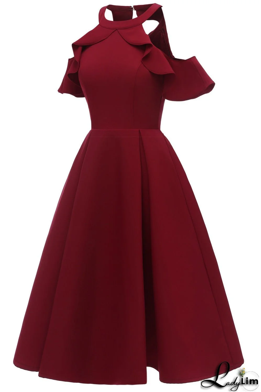 Burgundy Fit And Flare Ruffled Off-the-shoulder Homecoming Dress