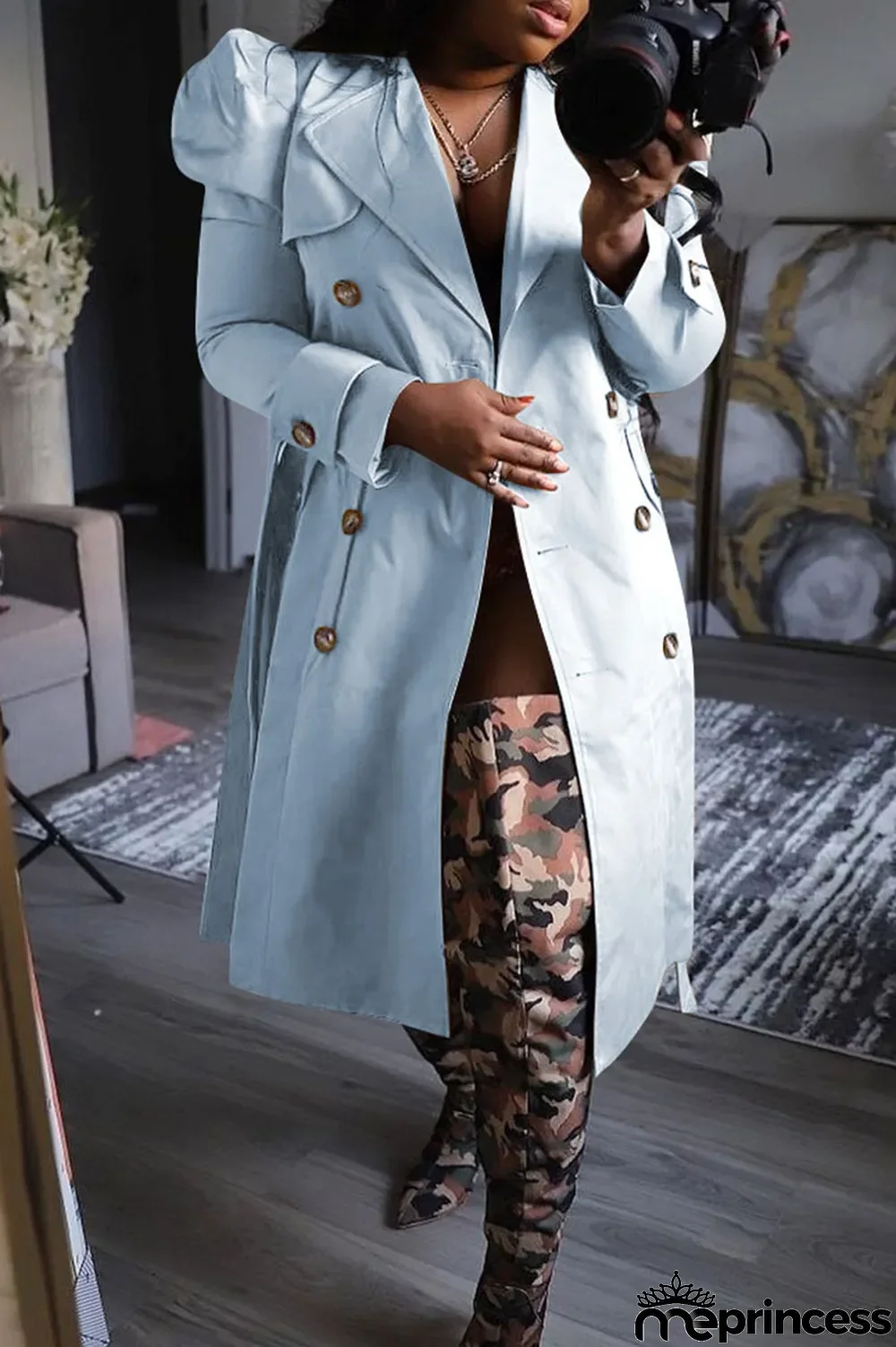 Khaki Casual Solid With Belt Turndown Collar Outerwear