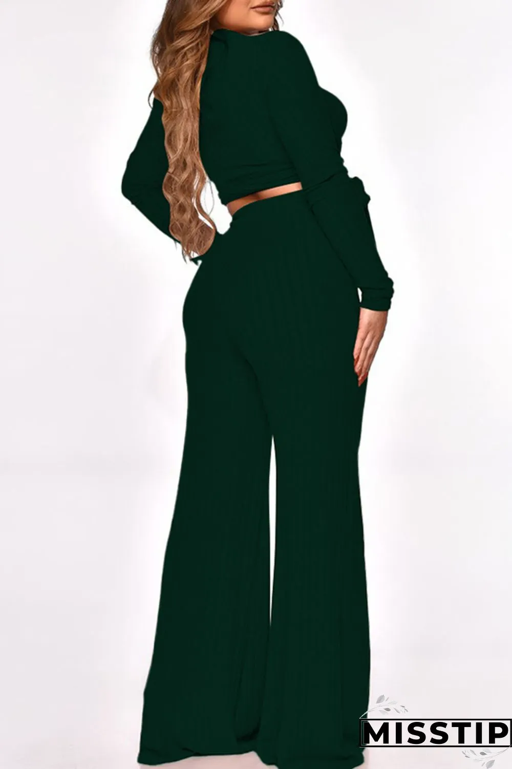 Army Green Fashion Casual Solid Bandage O Neck Long Sleeve Two Pieces