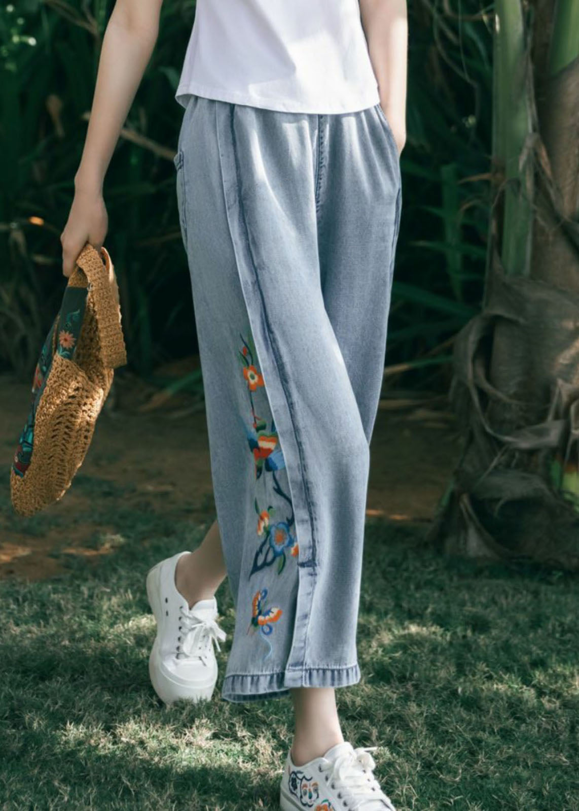 VCSHOES Blue Embroideried Pockets Patchwork Denim Wide Leg Pants Summer