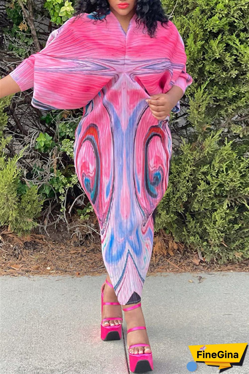 Pink Purple Casual Print Patchwork V Neck Pencil Skirt Plus Size Dresses