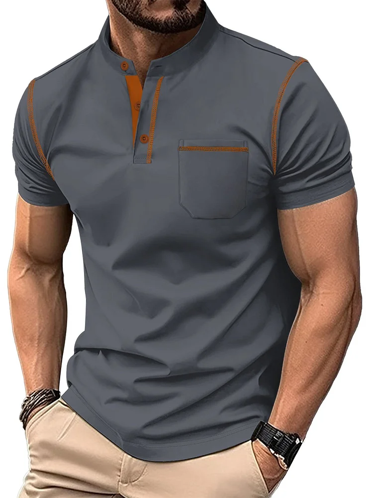 Men's Solid Color Stand Collar Pocket Short Sleeve Henley Shirt
