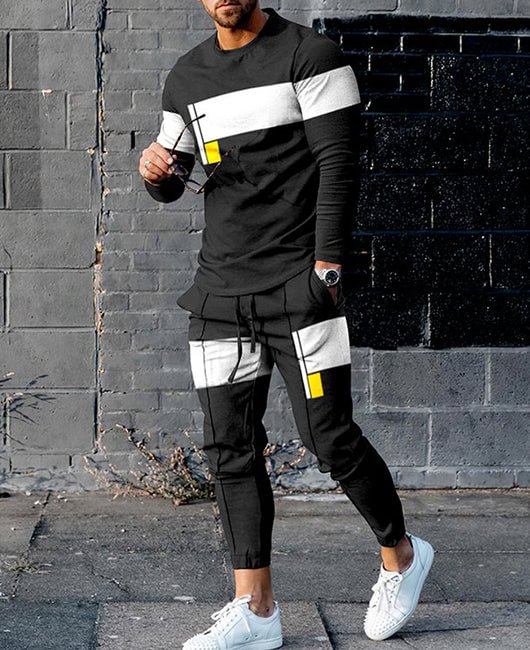 Art Color-block Pattern Crew Neck Shirt & Drawstring Pants
