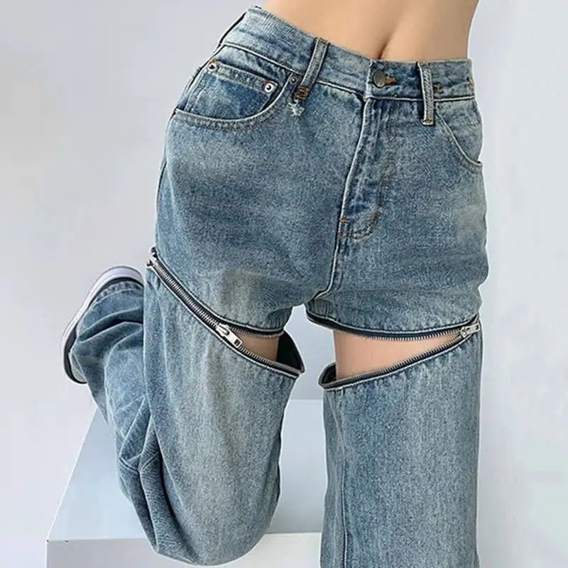 Zipper Detachable High Waist Straight Casual Denim Pants