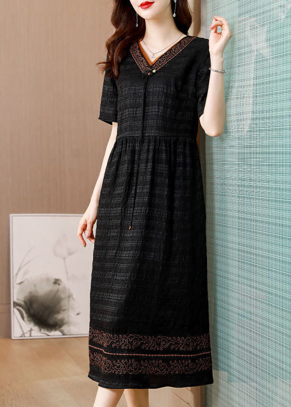 VCSHOES Black V Neck Wrinkled Silk Long Dress Summer