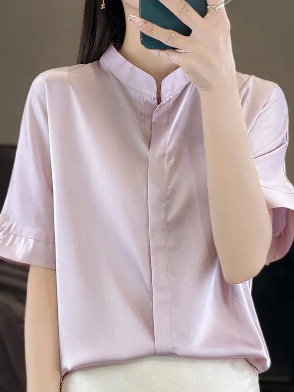 Buttoned Solid Color Loose Short Sleeves Stand Collar Blouses&Shirts Tops