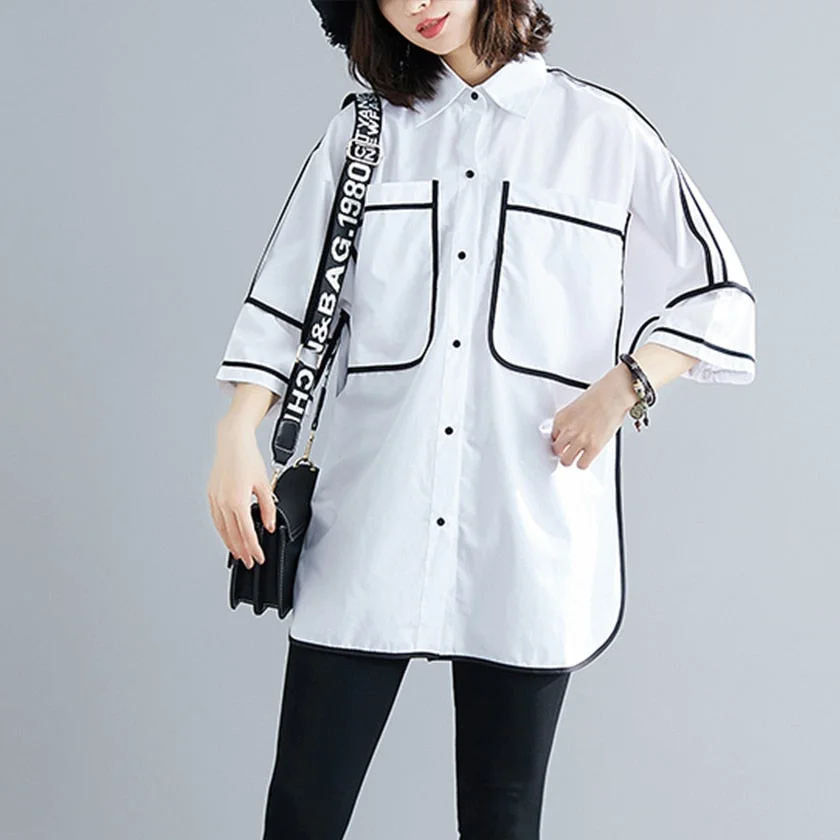 Autumn New Women Patchwork Long Cotton Oversize White Shirt Batwing Sleeve Side Split Blouse Turn-Down Collar Casual Tops T96501