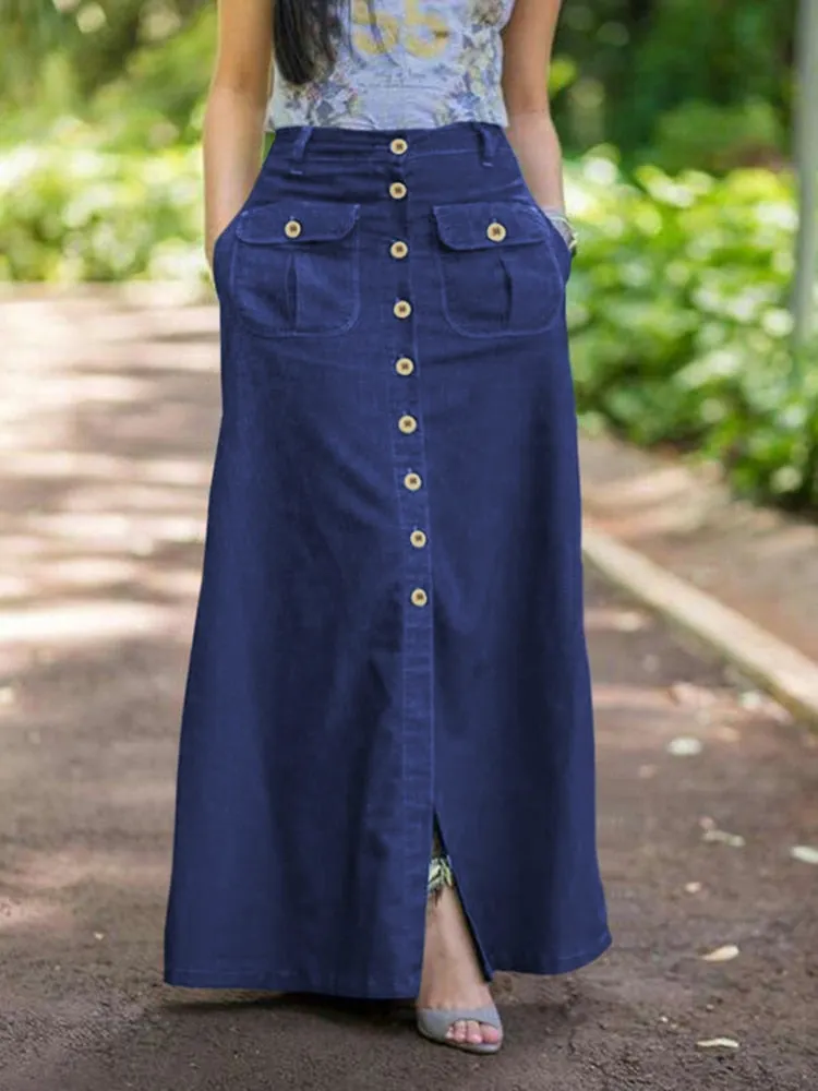 Women Retro Skirts ZANZEA 2022 Summer Denim Blue Long Skirt Casual Solid Split Bottoms Lady A-line Button Up Skirt Oversize