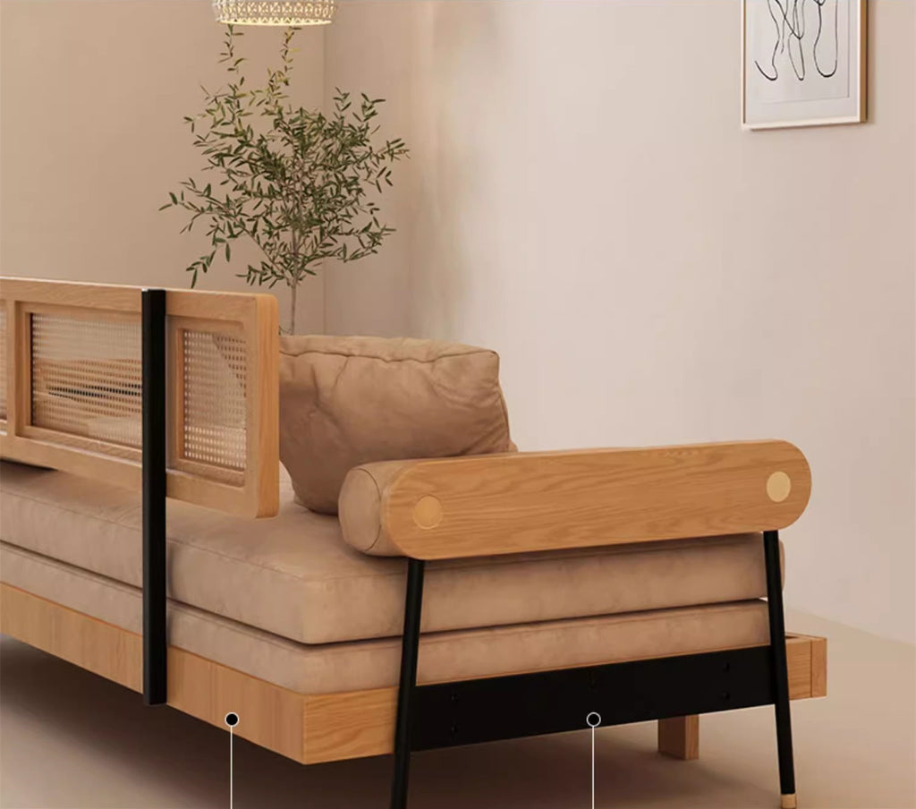 Japandi Solid Wood Minimalism Rattan Back Support Sofa Bed Amazon