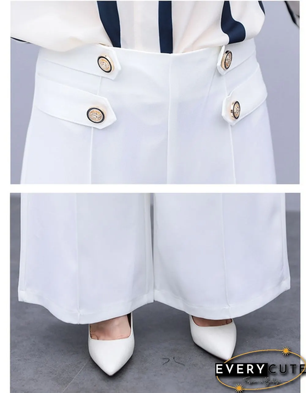 Autumn Fashion Office Two Piece Set Outfits Women Striped Chiffon Shirt Wide Leg Pants