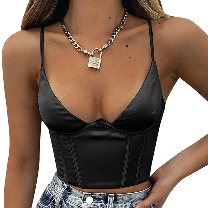 Abebey  2023 New Summer Women V Neck Spaghetti Straps Corset Top Sleeveless Slim  Backless Crop Cami Top
