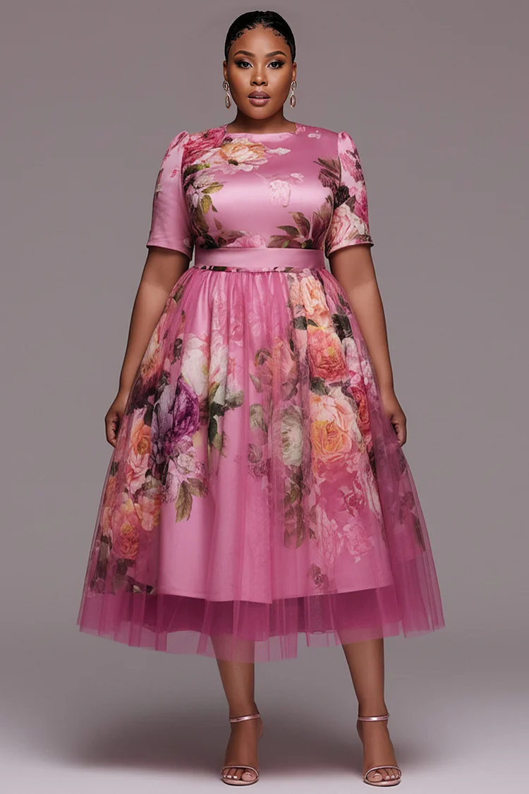 Xpluswear Design Plus Size Wedding Guest Tulle Pink Floral Round Neck Short Sleeve Contrast Satin Midi Dresses [Pre-Order] 2024 - Xpluswear
