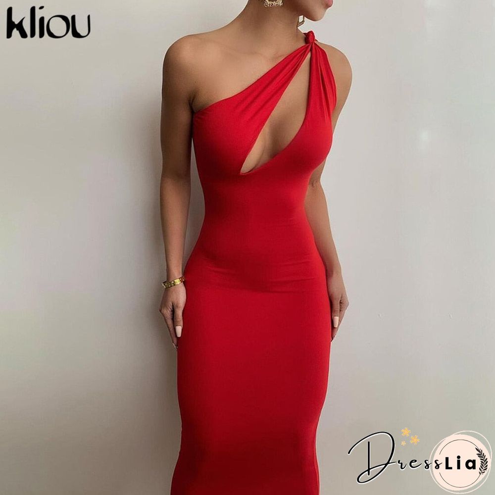 Kliou Cut Out Sexy Midnight Clubwear Maxi Dresses Solid One Shoulder Birthday Outfit For Women Slim Bodycon Party Dress
