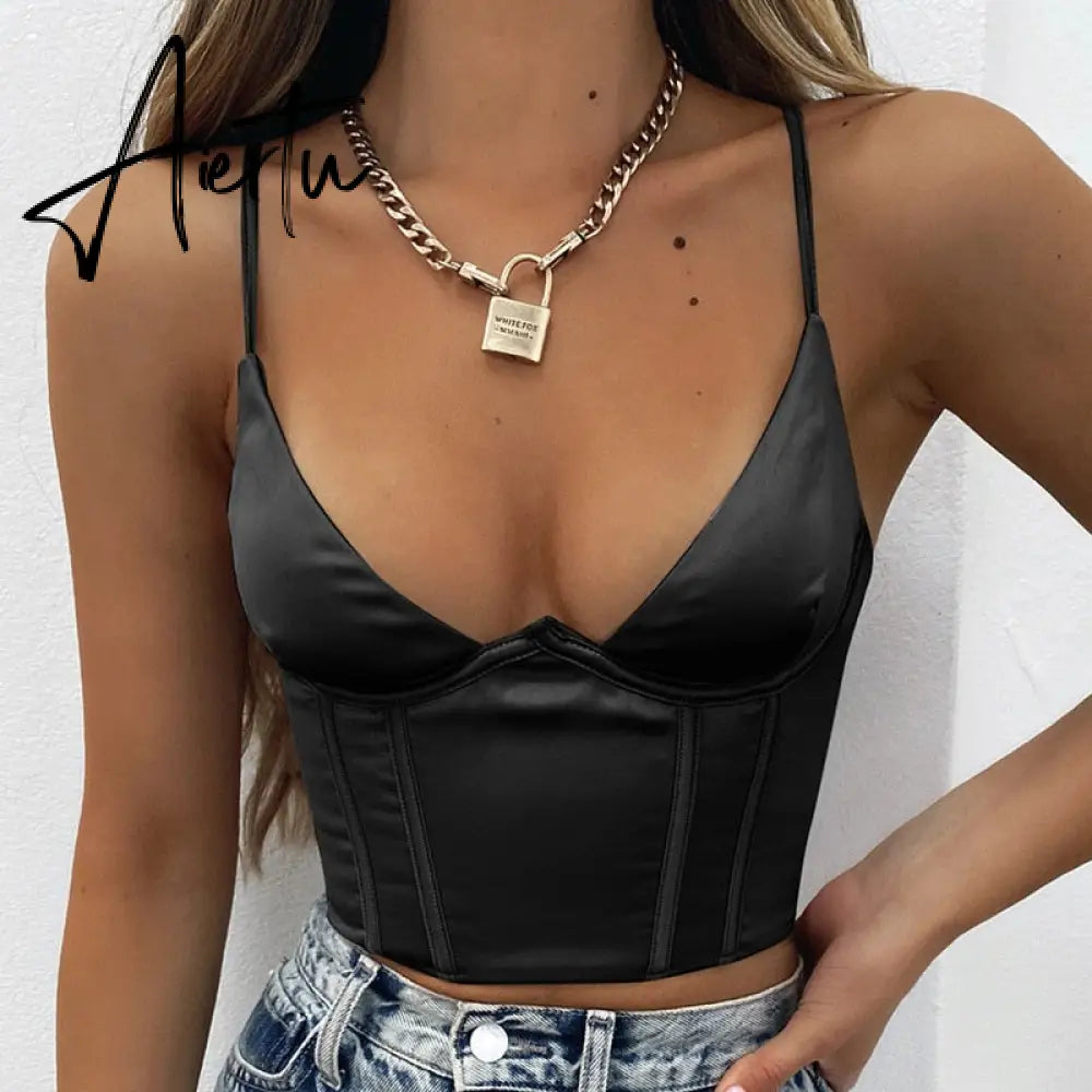 Staghetti V Neck Satin Corset Top With Straps Summer Floral Print Clothes Blue Sleeveless Club Women Crop Tops Aiertu