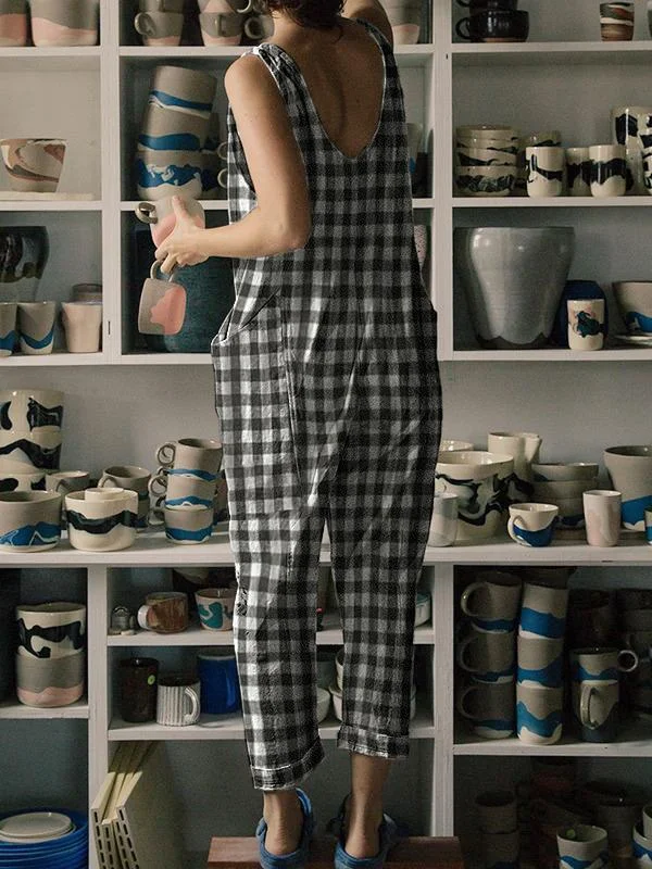 Plaid Double Pockets Jumpsuit Work Overall-Mayoulove