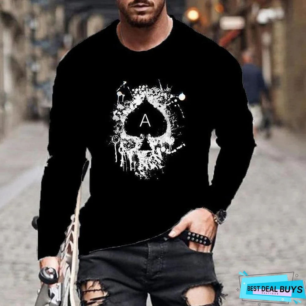 Men's Street Leisure Trend Poker Printed Flower Long Sleeve T-Shirt