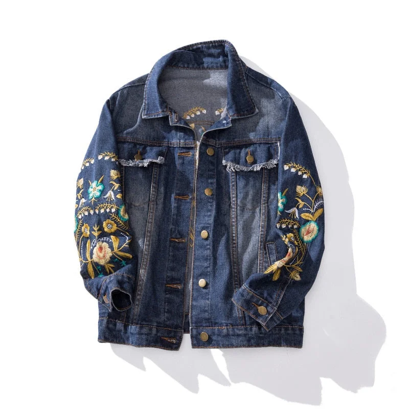 2021 New Women Denim Jacket Spring Streetwear Single Breasted Floral Embroidery Turn-down Collar Plus Size 3XL 4XL 5XL Lady Coat