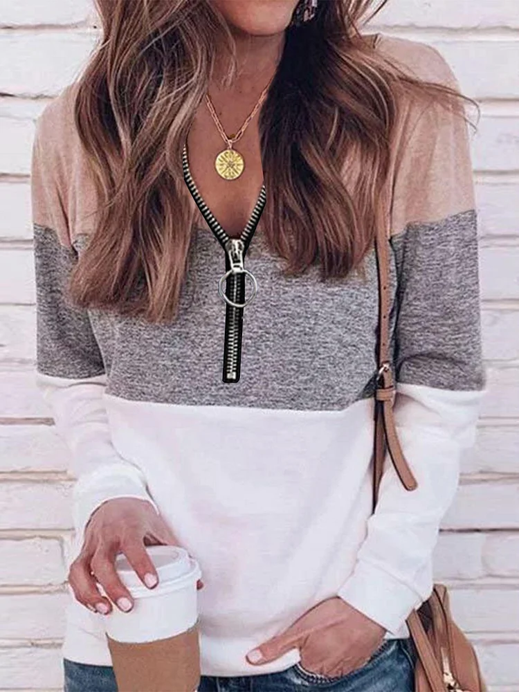 Pink Long Sleeve Zipper V Neck Color-Block Tops