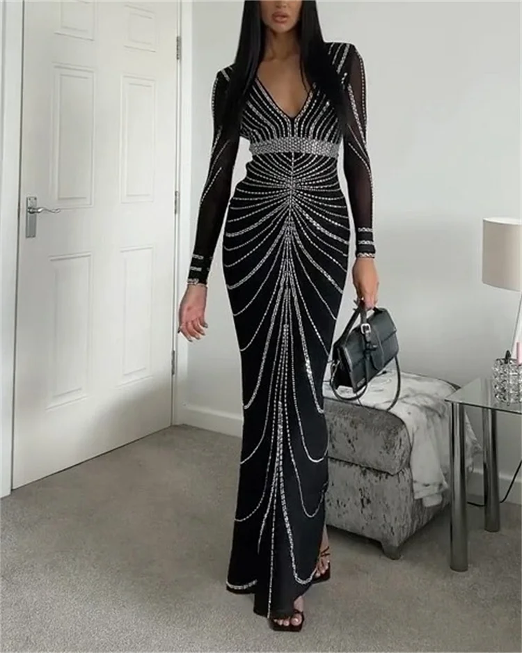Women's V-neck Black Sequin Dress