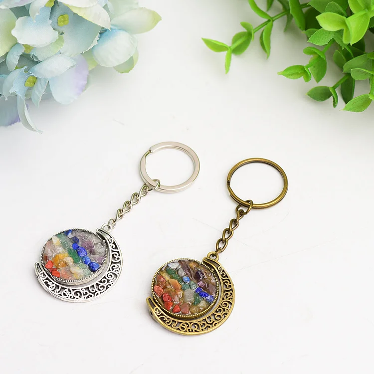 Golden Silver Moon with Chakra Key ChainCrystal
