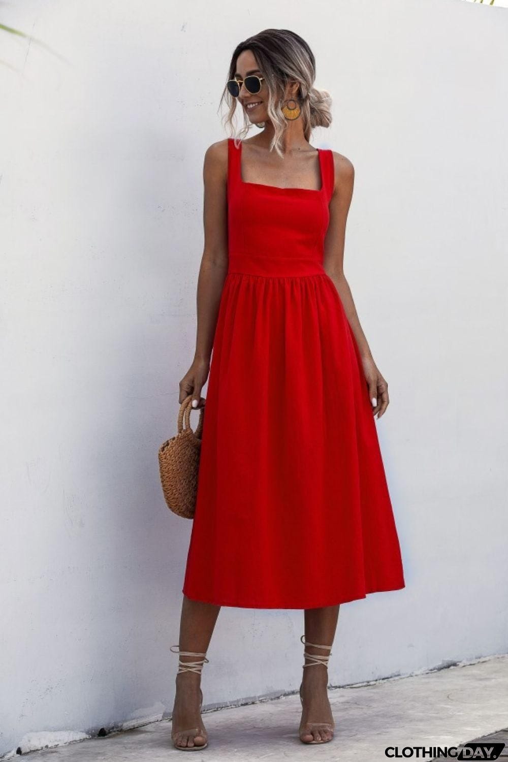 Square Neck Sleeveless Smocked Midi Dress