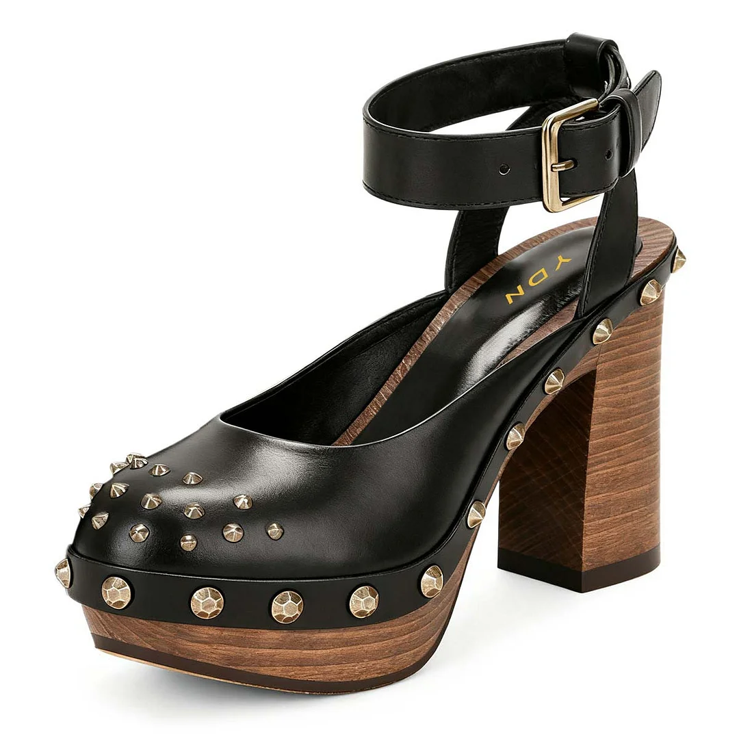Faux Leather Chunky High Heel Studded Platform Black Pumps with Buckle
