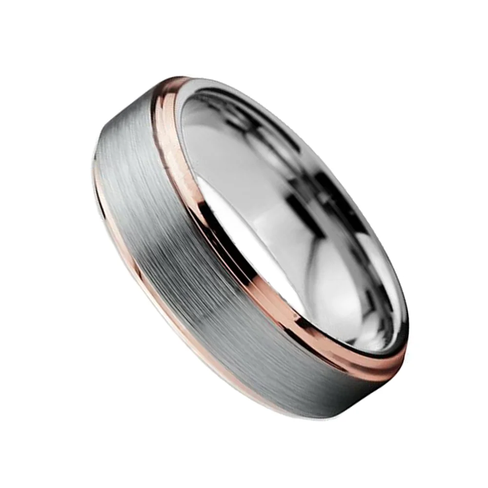 6MM 8MM Tungsten Center Brushed With Rose Gold Plated Beveled Edge Women Wedding Bands