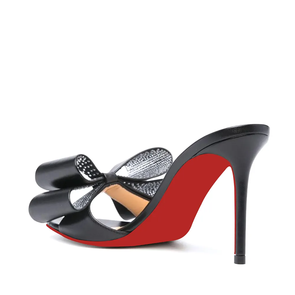 100mm/3.94 Inch Women's High Heel Mules Rhinestone Bowknot Backless Stiletto Heel Slippers Sexy Summer Heeled Red Bottom Sandals-vocosishoes