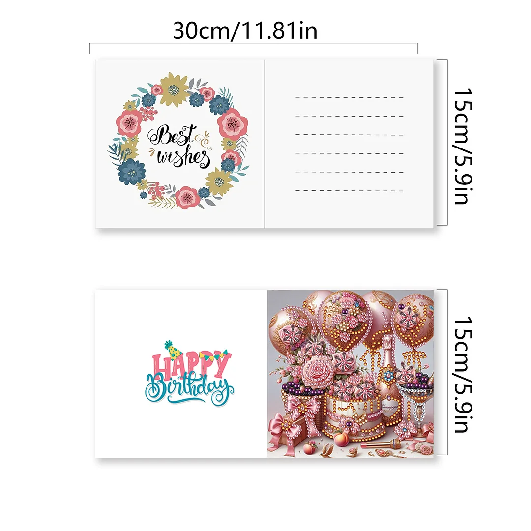 8pcs DIY Happy Birthday DIY Diamond Painting Greeting Card for Friends Family Gift【With White Envelope】