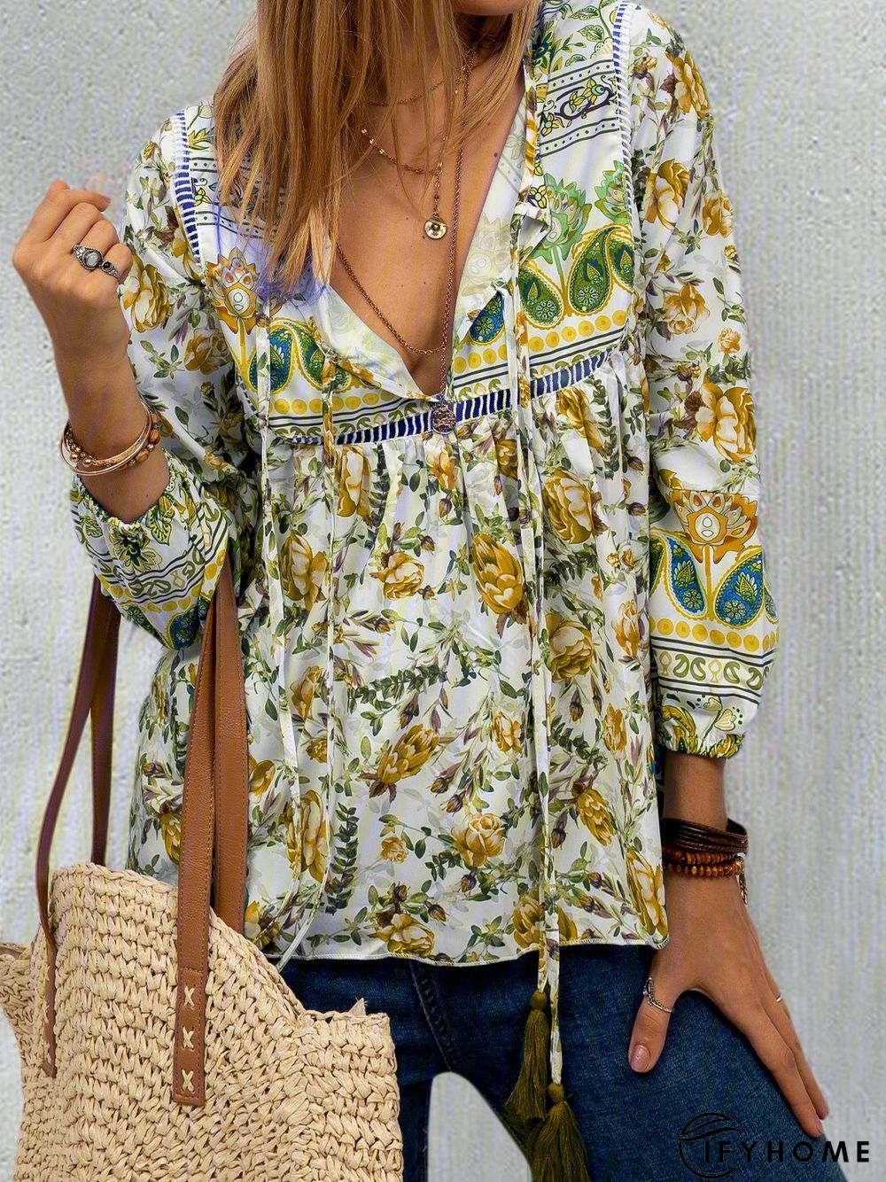 Ethnic Bohemian Floral Print Long Sleeve V-Neck Women Blouse Top | IFYHOME