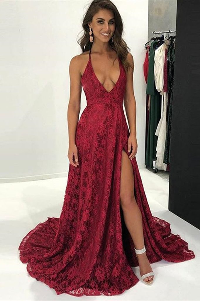Burgundy V-Ausschnitt Spitze Abendkleid mit Schlitz PD0426 Lunass