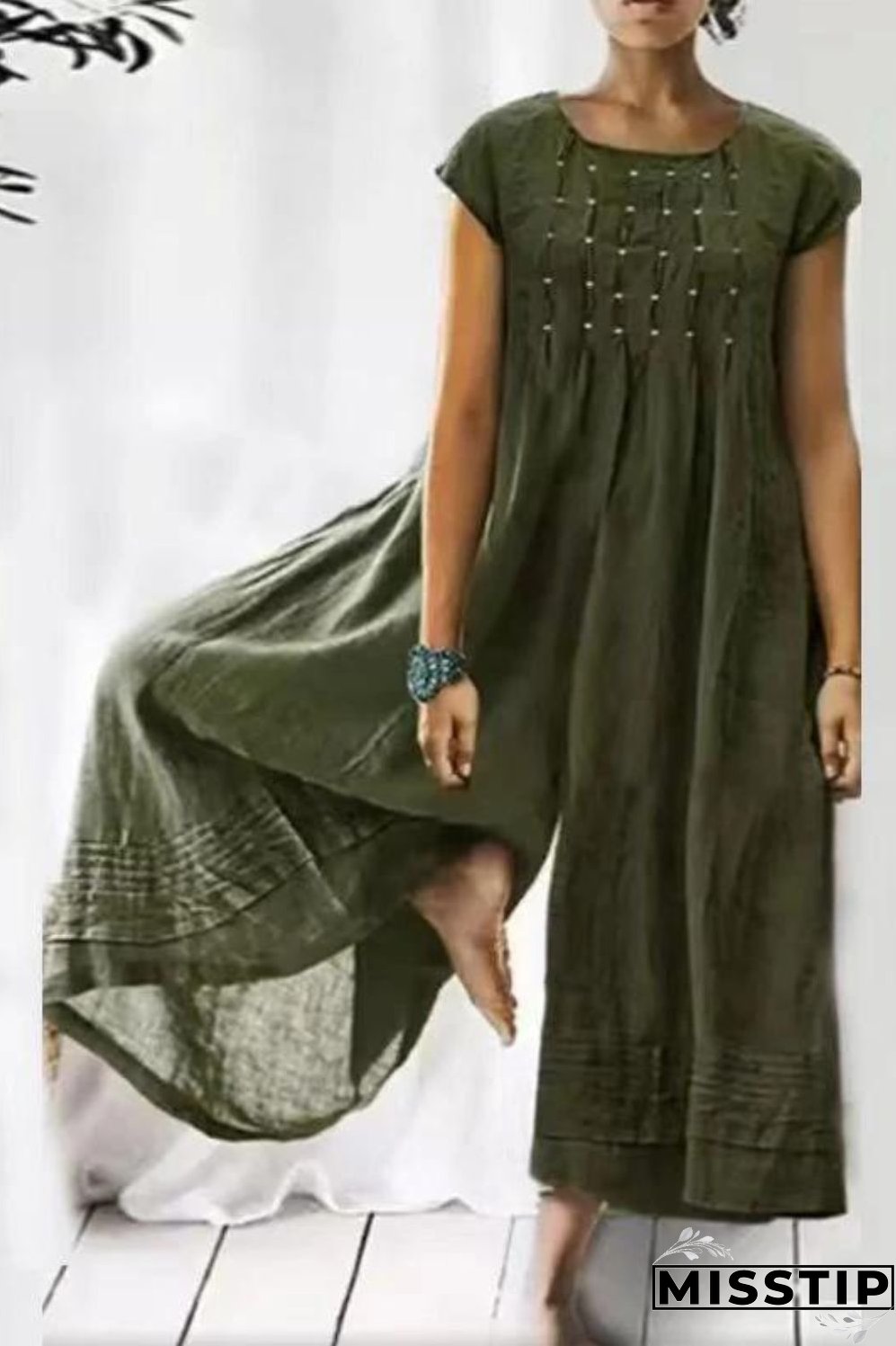 Fashion Vintage Crinkled Cotton Linen Elegant Wide Leg Loose Jumpsuit