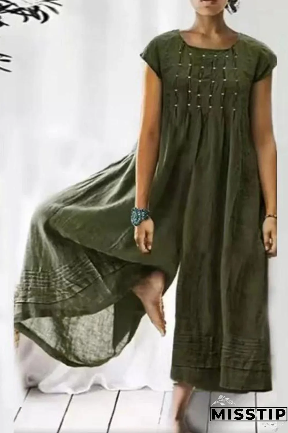 Fashion Vintage Crinkled Cotton Linen Elegant Wide Leg Loose Jumpsuit