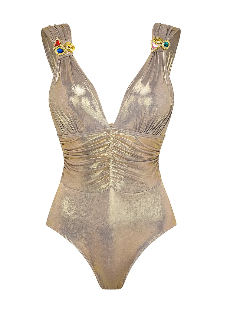 Stone Decoration Shiny One Piece Swimsuit and Skirt 