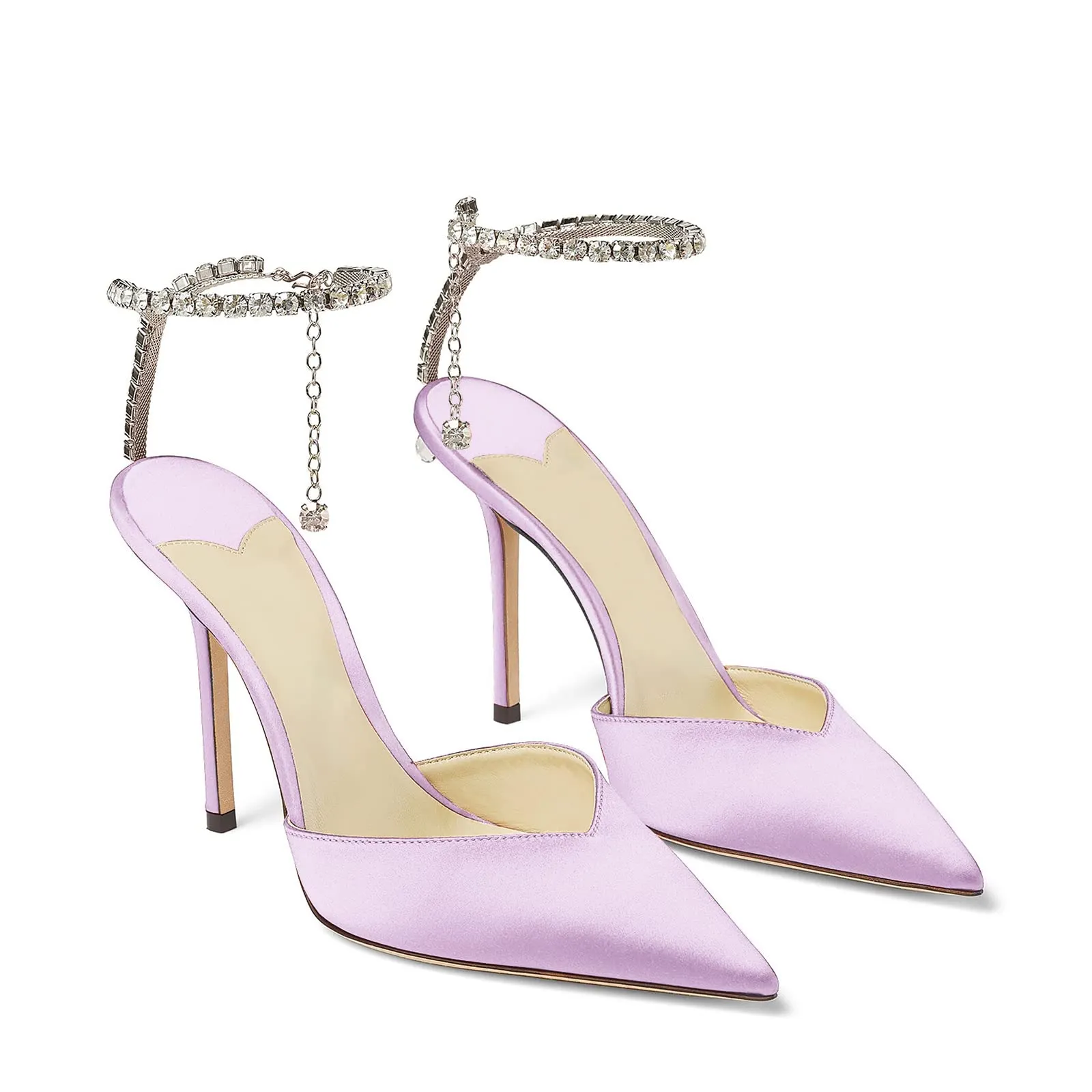 100mm Women's Sandals Crystal Chain Ankle Straps Rhinestones Buckle Heels Stiletto Satin Dress Shoes-vocosishoes