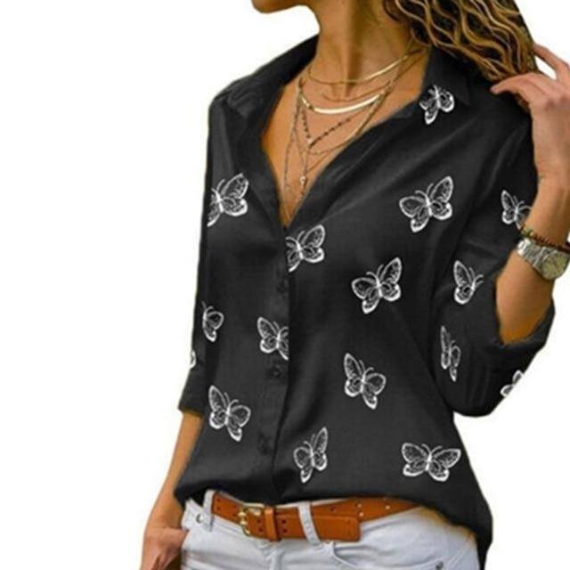 New Fashion Butterfly Print Women Blouses Long Sleeve Turn-down Collar Blouse Shirt Casual Tops Elegant Work Shirt