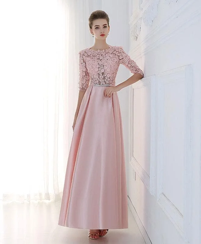 A Line Lace 1/2 Sleeve Long Prom Dress, Lace Evening Dress