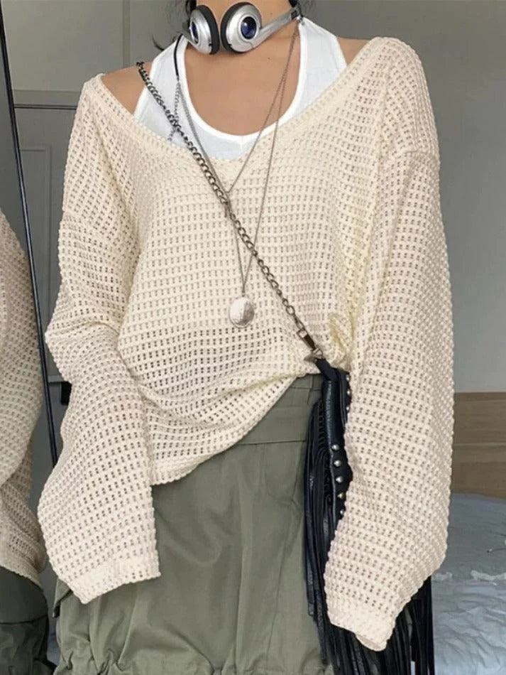 Brownm Cutout V Neck Loose Long Sleeve Knit