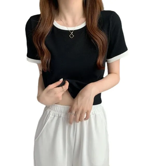 Uveng Uveng Color Round Collar Short-Sleeved T-Shirt Female 2024 New Summer Bottom Shirt Korean Version Slim Short Student Top Tide