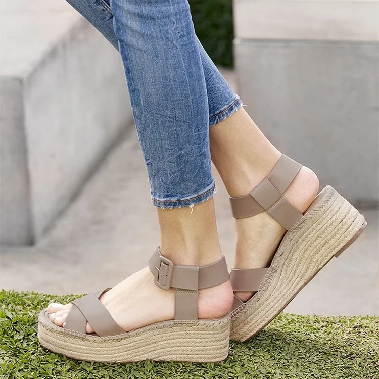 Taupe Open Toe Wedge Heels Platform Espadrille Sandals |FSJ Shoes